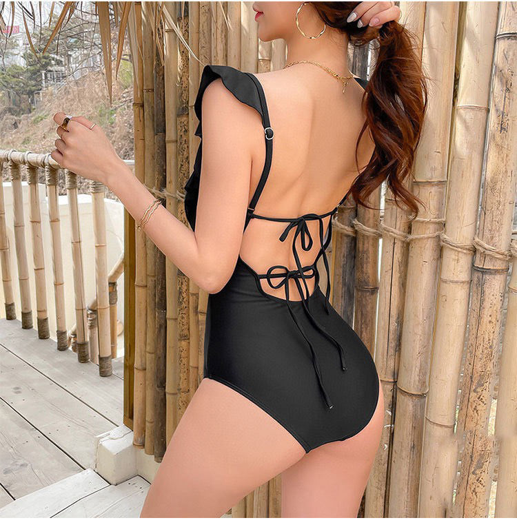CHANEL BIKINI SWIMSUIT SET IN BLACK ATTACHED WITH GOLD METAL LOGO 615196