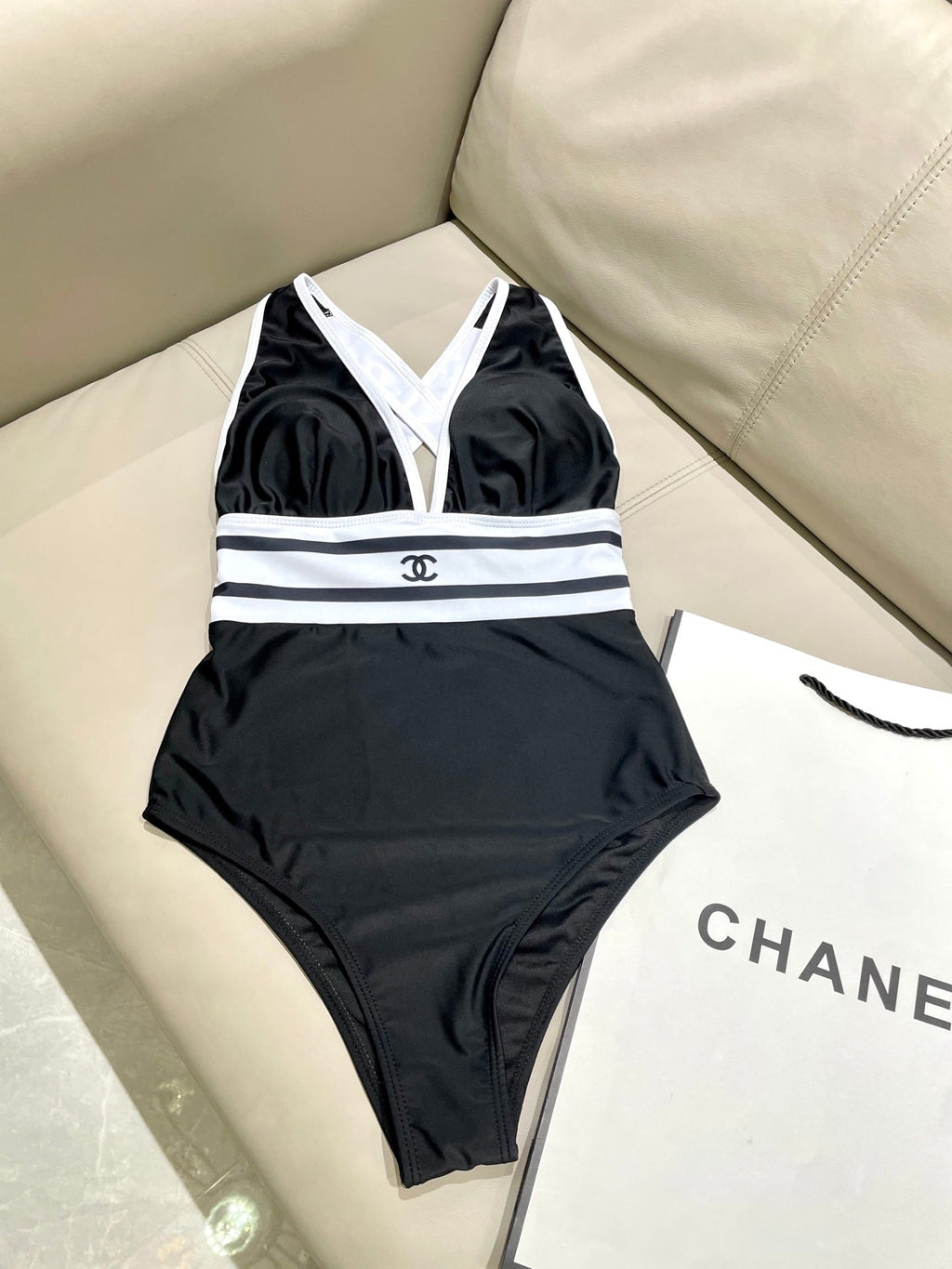 CHANEL BIKINI SWIMSUIT SET BLACK WHITE 173343