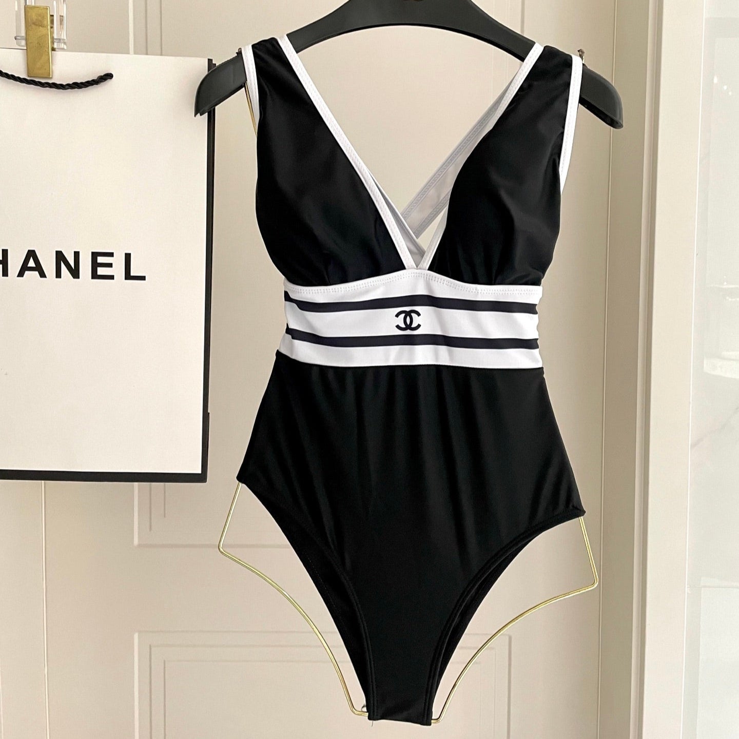 CHANEL BIKINI SWIMSUIT SET BLACK WHITE 173343