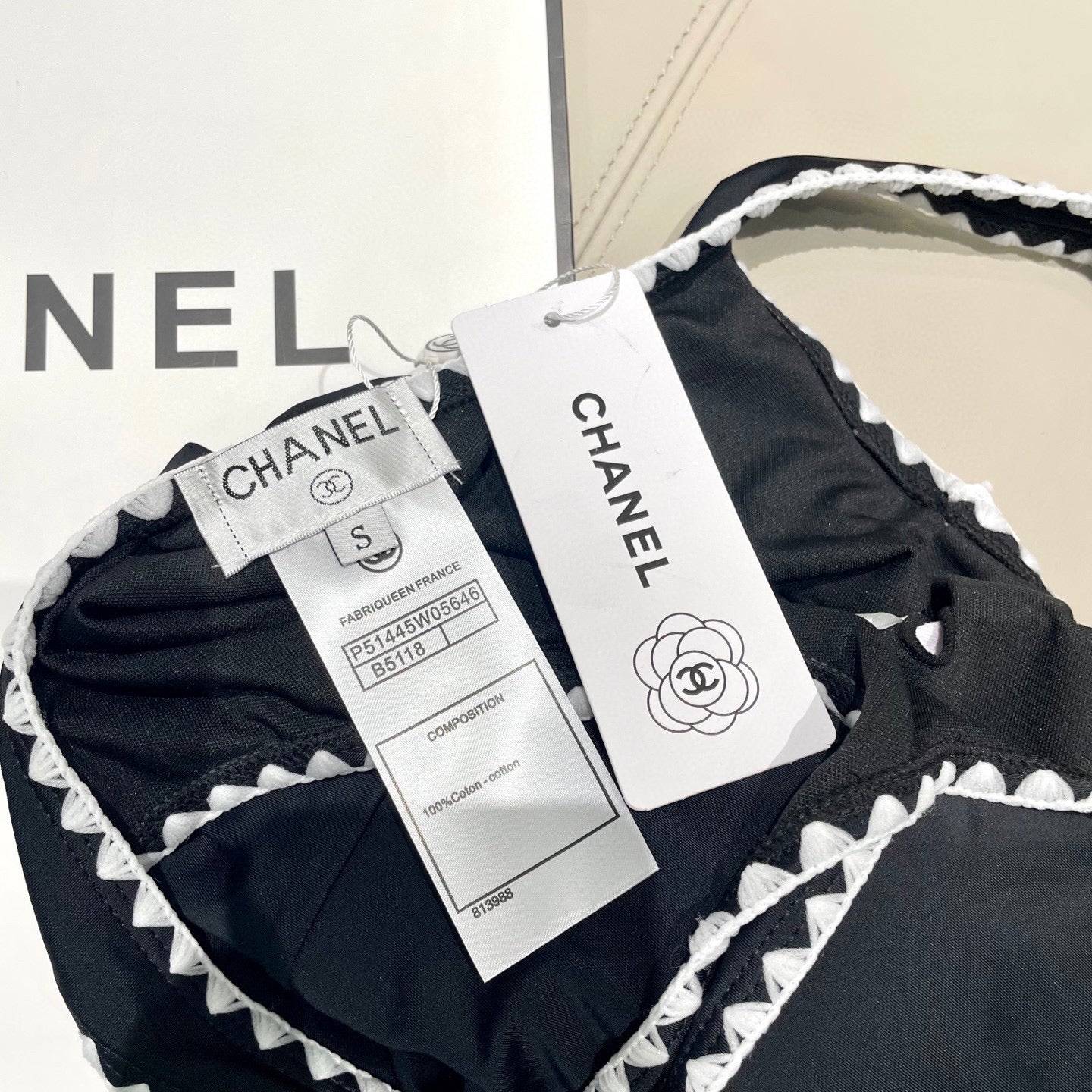 CHANEL BIKINI SWIMSUIT SET IN BLACK AND WHITE TRIM 622173