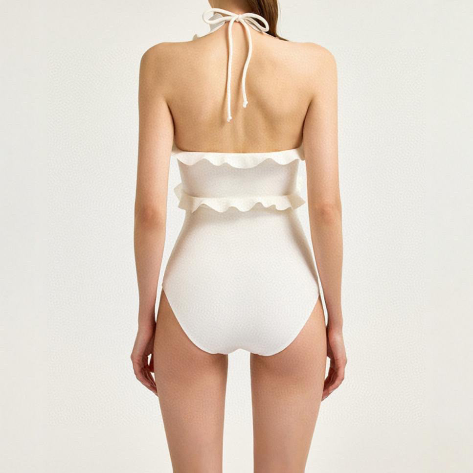 CHANEL BIKINI SWIMSUIT SET WHITE AND RUFFLED TRIM 622179