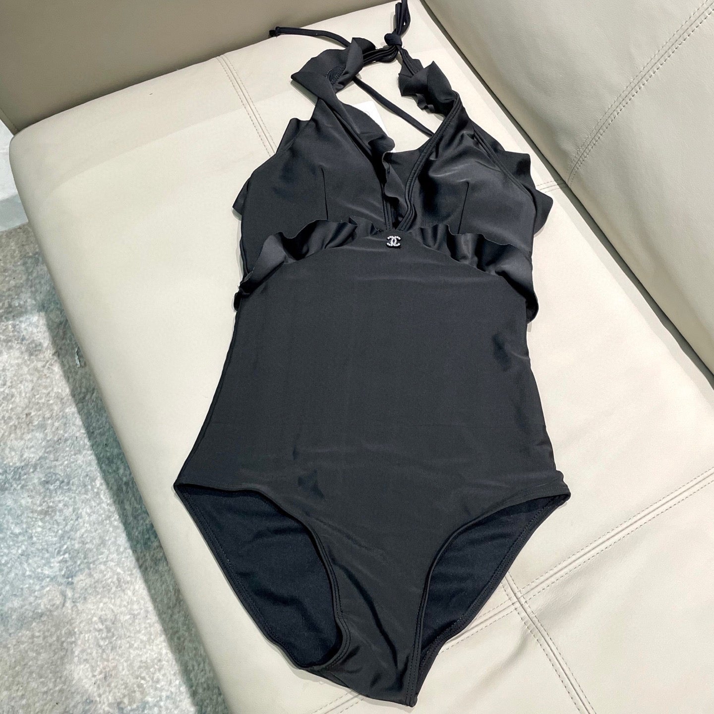 CHANEL BIKINI SWIMSUIT SET BLACK AND RUFFLED TRIM 622180