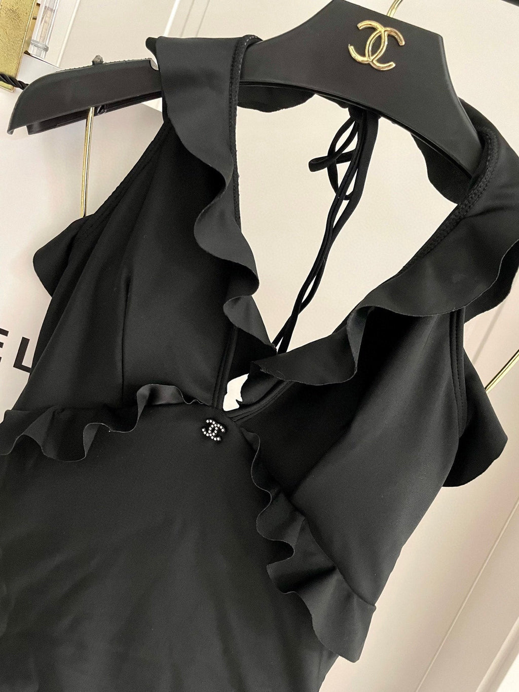 CHANEL BIKINI SWIMSUIT SET BLACK AND RUFFLED TRIM 622180
