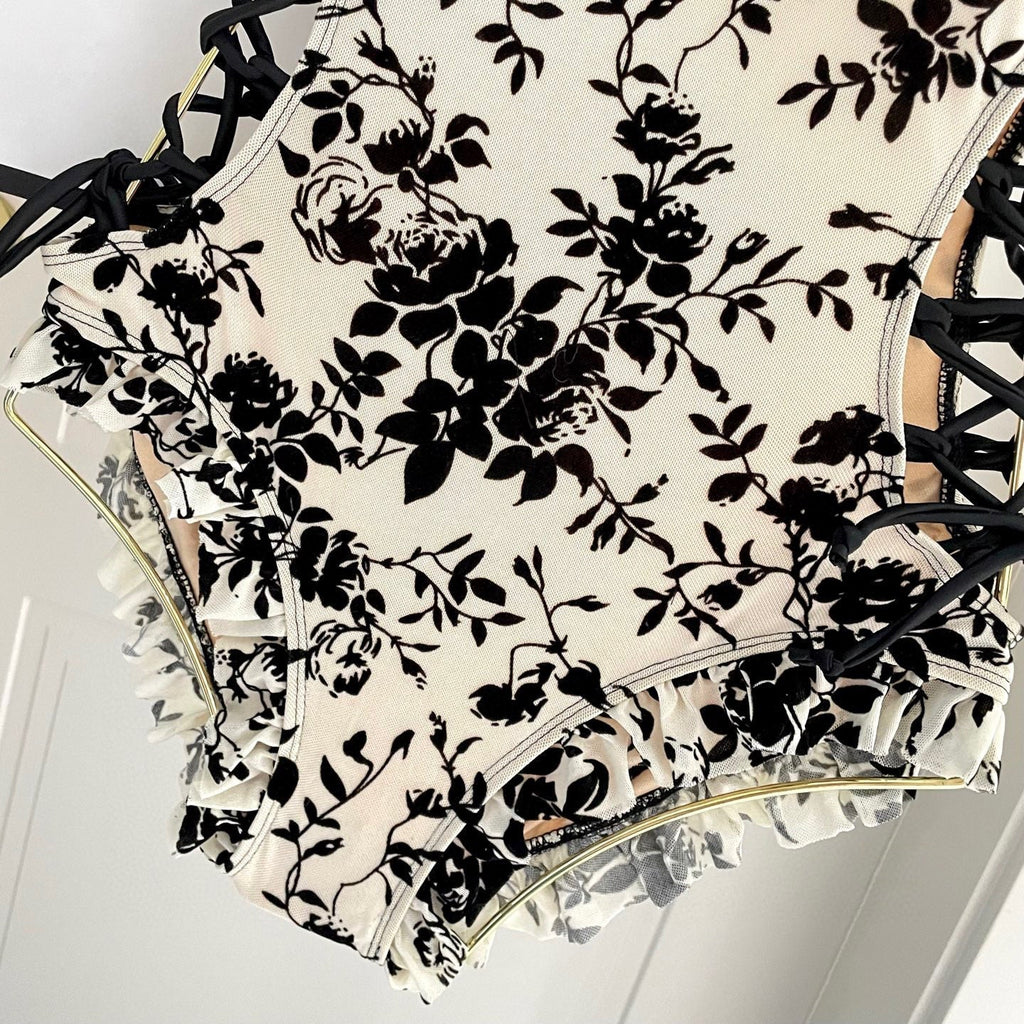 CHANEL BIKINI SWIMSUIT SET IN IVORY MESH WITH BLACK VELVET FLORAL EMBROIDERY 622181