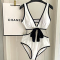 CHANEL BIKINI SWIMSUIT SET IN WHITE AND BOW BLACK 622186