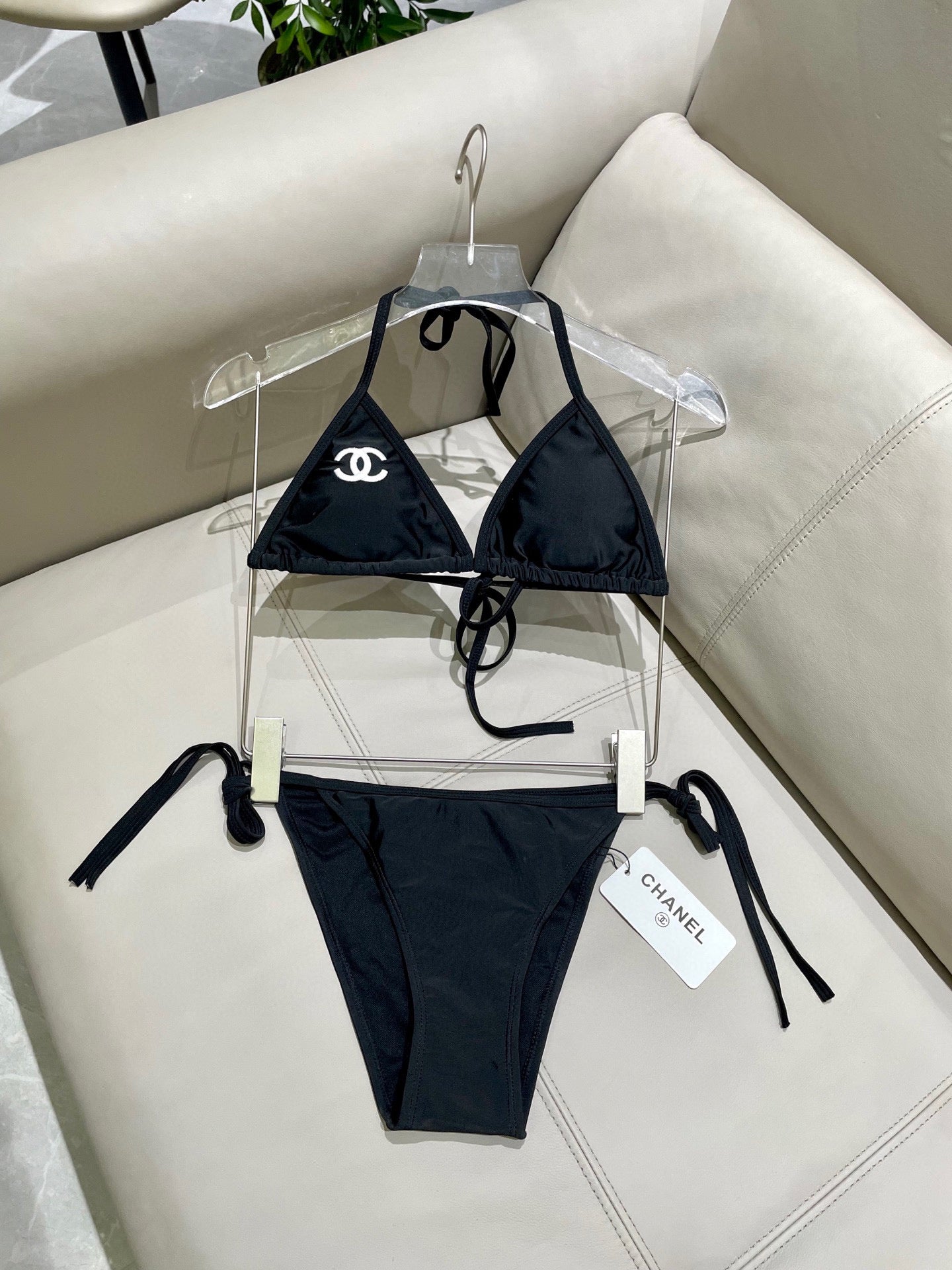 CHANEL BIKINI SWIMSUIT SET IN BLACK EMBROIDERED LOGO 624564