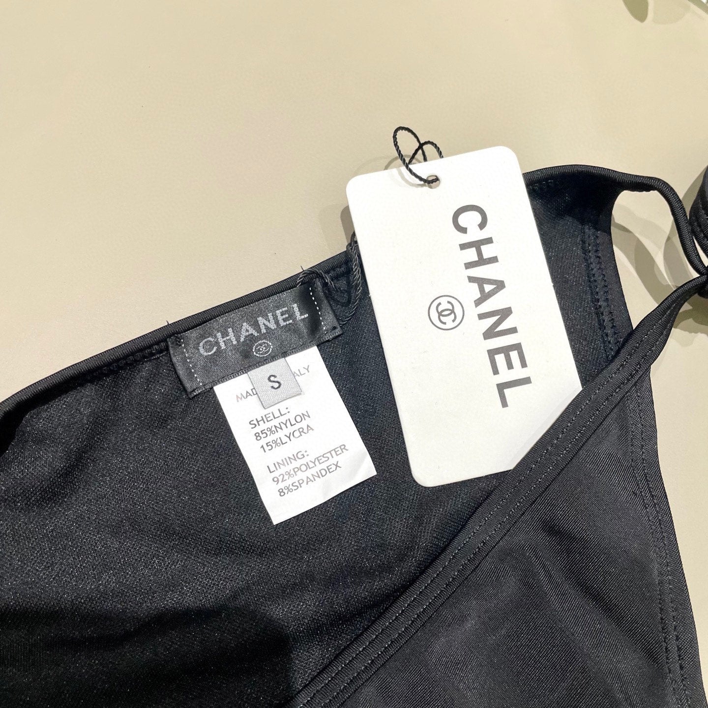 CHANEL BIKINI SWIMSUIT SET IN BLACK EMBROIDERED LOGO 624564