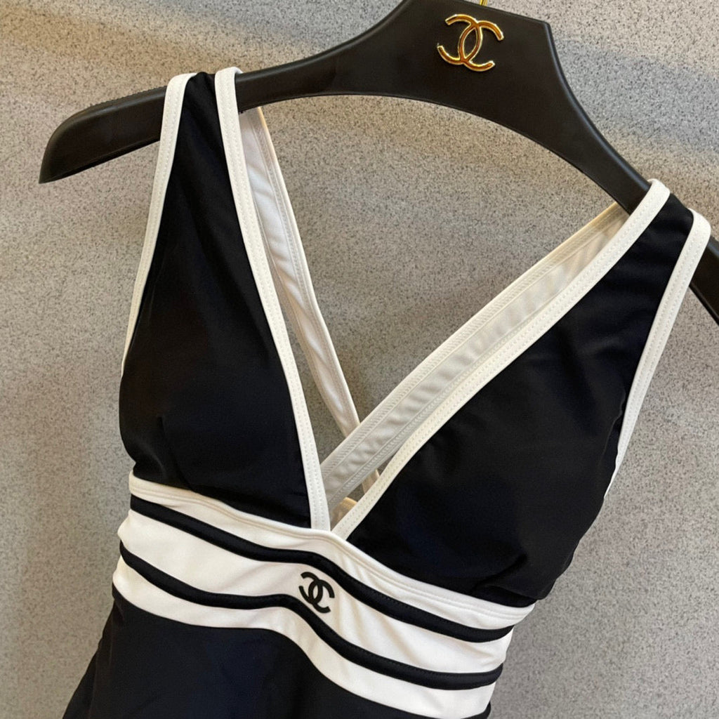 CHANEL BIKINI SWIMSUIT SET BLACK WHITE 173343