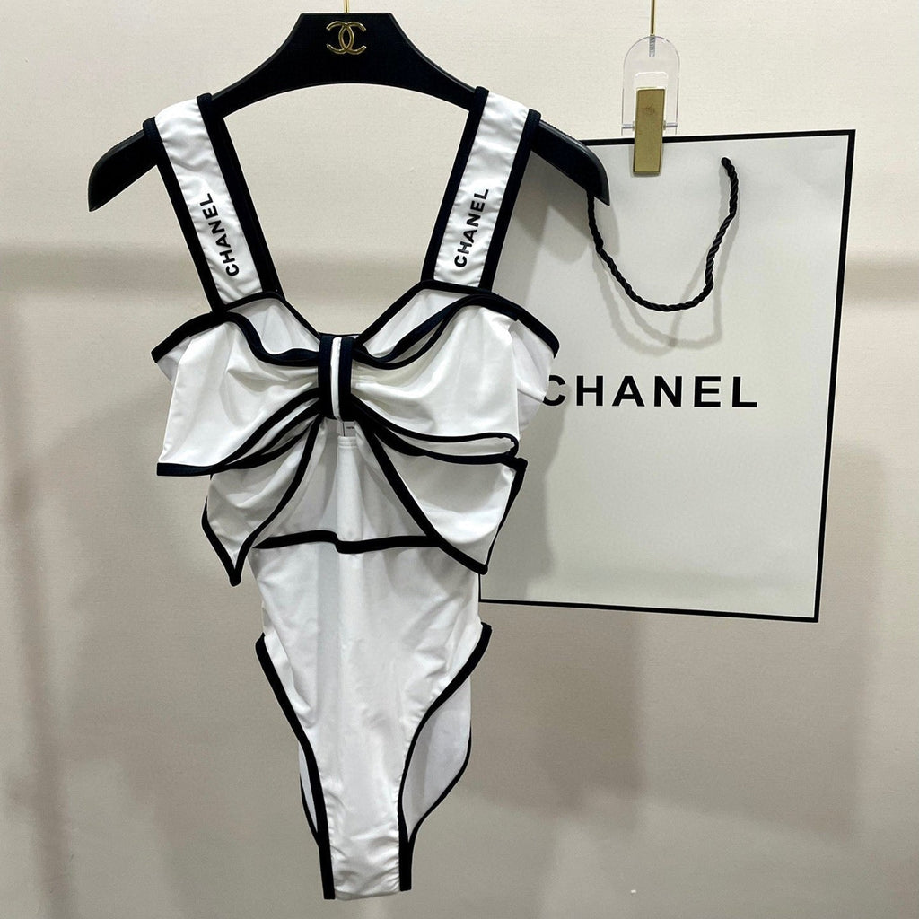CHANEL BODYSUIT SWIMSUIT IN WHITE AND BLACK TRIM 627828
