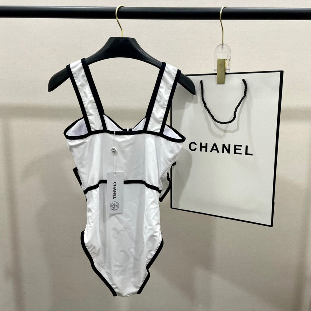 CHANEL BODYSUIT SWIMSUIT IN WHITE AND BLACK TRIM 627828