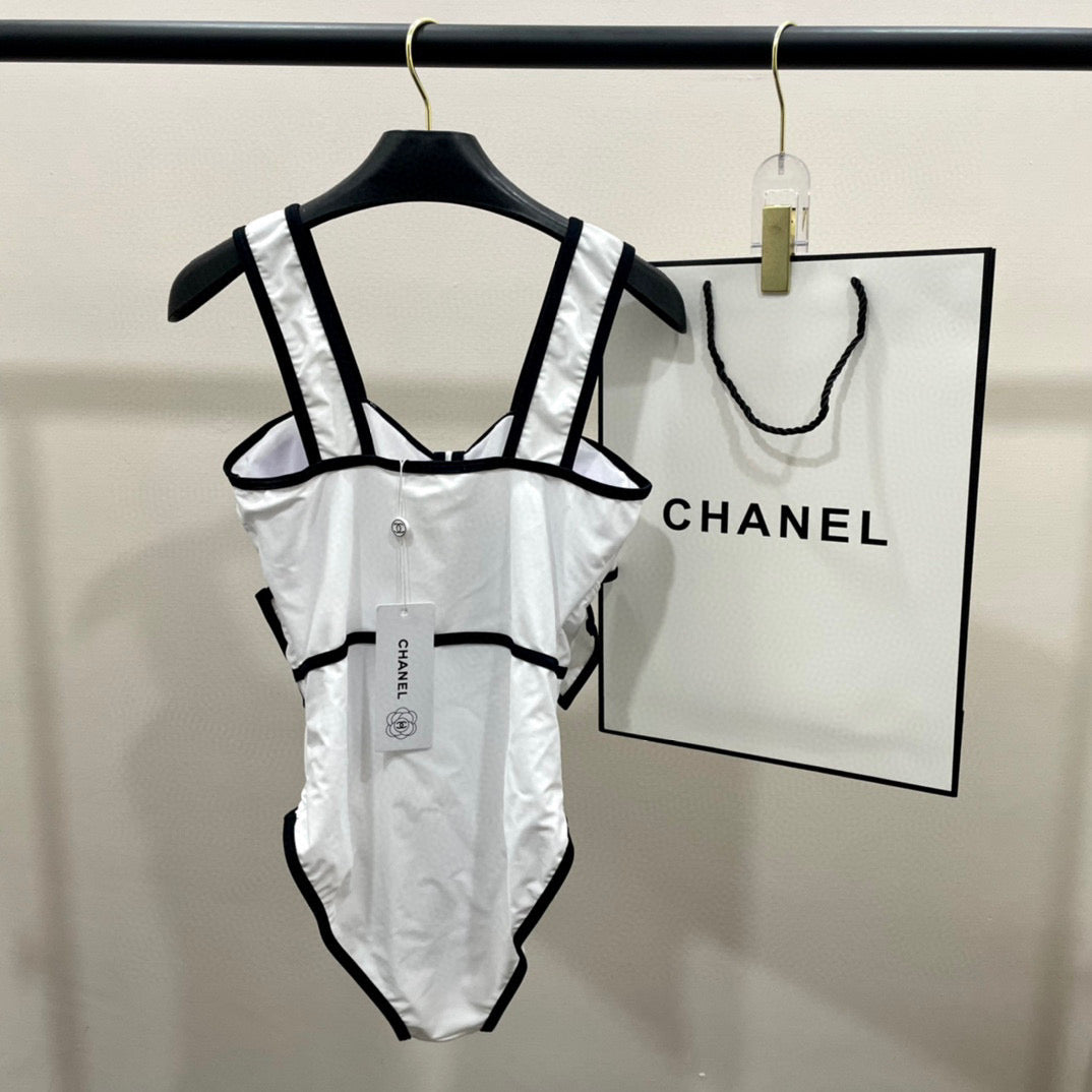 CHANEL BODYSUIT SWIMSUIT IN WHITE AND BLACK TRIM 627828