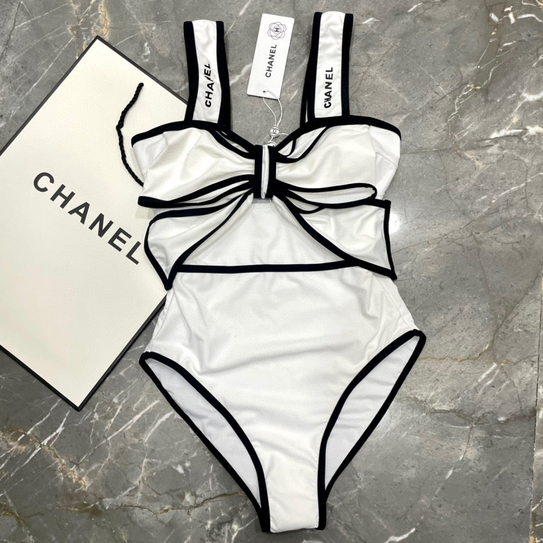 CHANEL BODYSUIT SWIMSUIT IN WHITE AND BLACK TRIM 627828