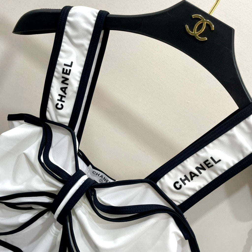 CHANEL BODYSUIT SWIMSUIT IN WHITE AND BLACK TRIM 627828