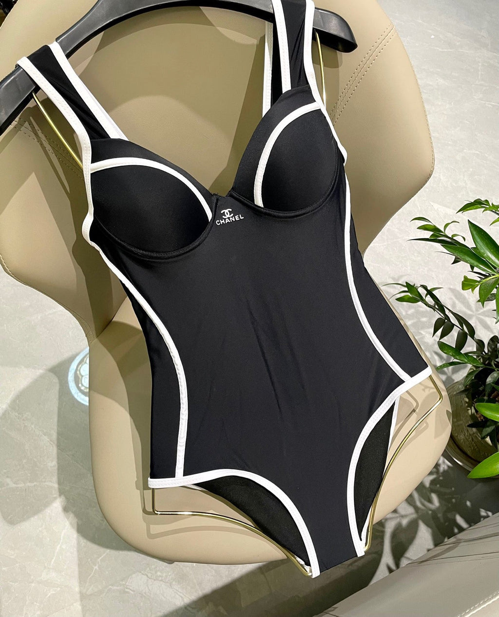 CHANEL SWIMSUIT BODYSUIT IN BLACK AND WHITE STRIPED 627831