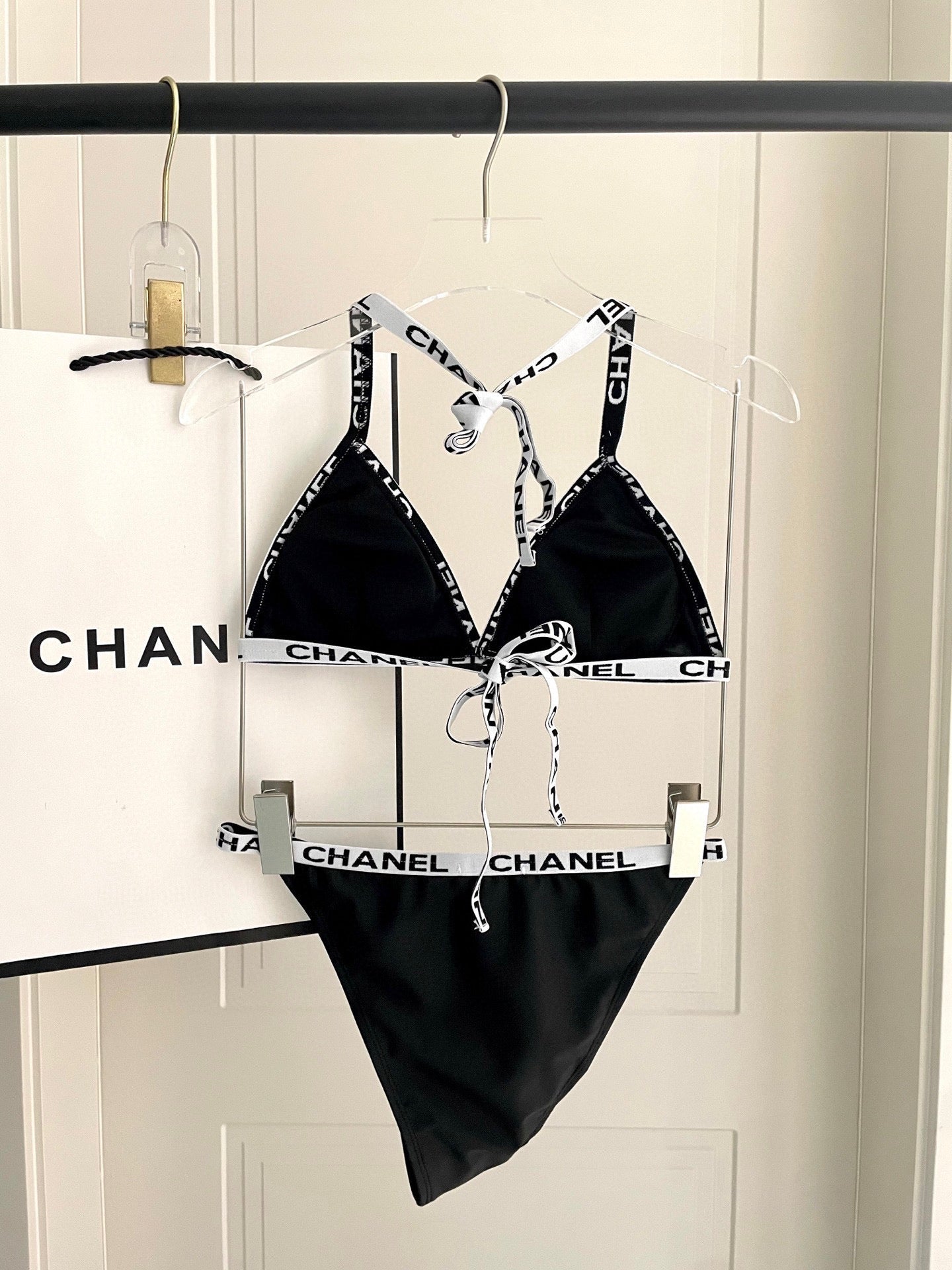 CHANEL BIKINI SWIMSUIT SET IN BLACK WITH WHITE TRIM 627832