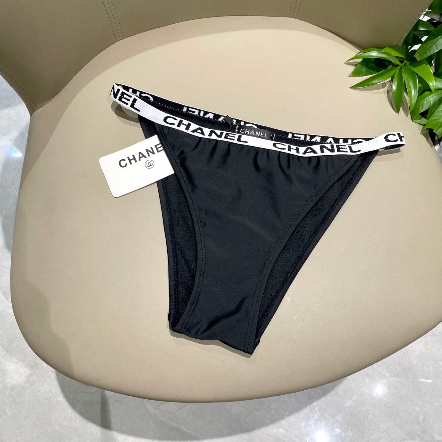 CHANEL BIKINI SWIMSUIT SET IN BLACK WITH WHITE TRIM 627832