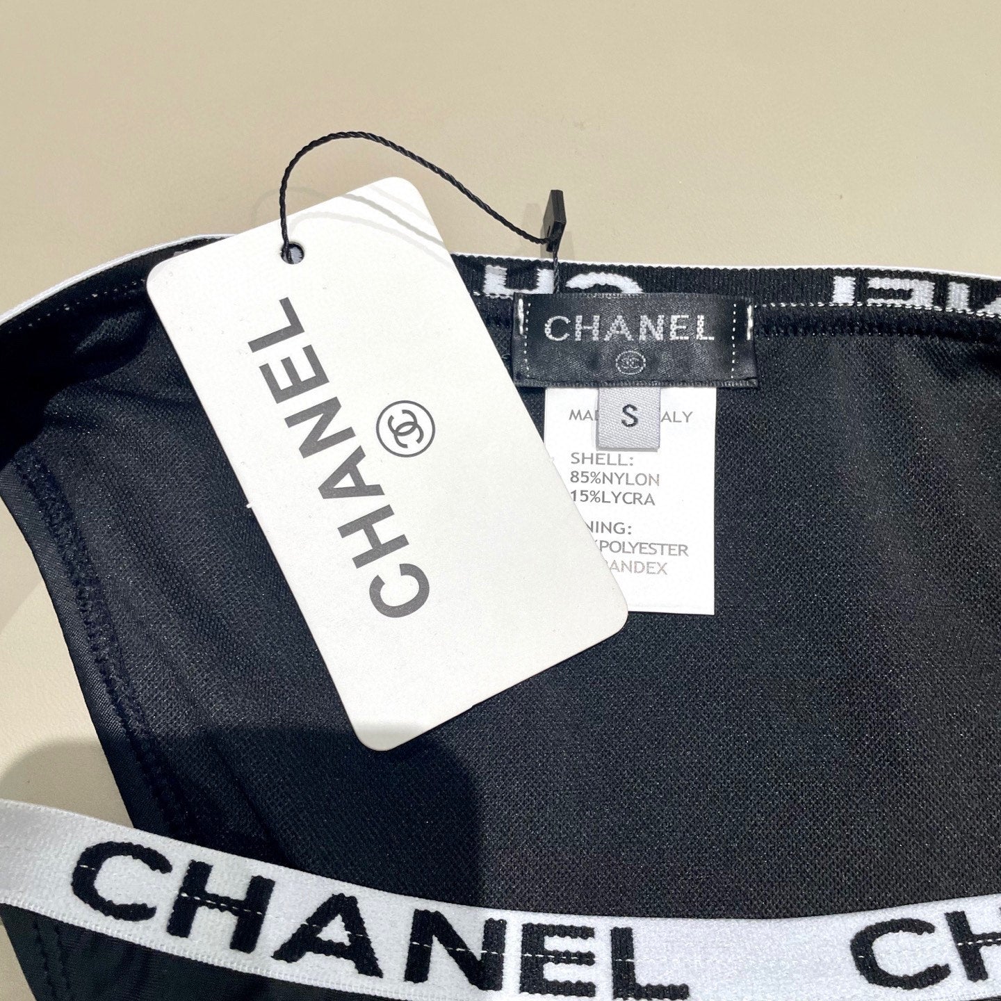 CHANEL BIKINI SWIMSUIT SET IN BLACK WITH WHITE TRIM 627832