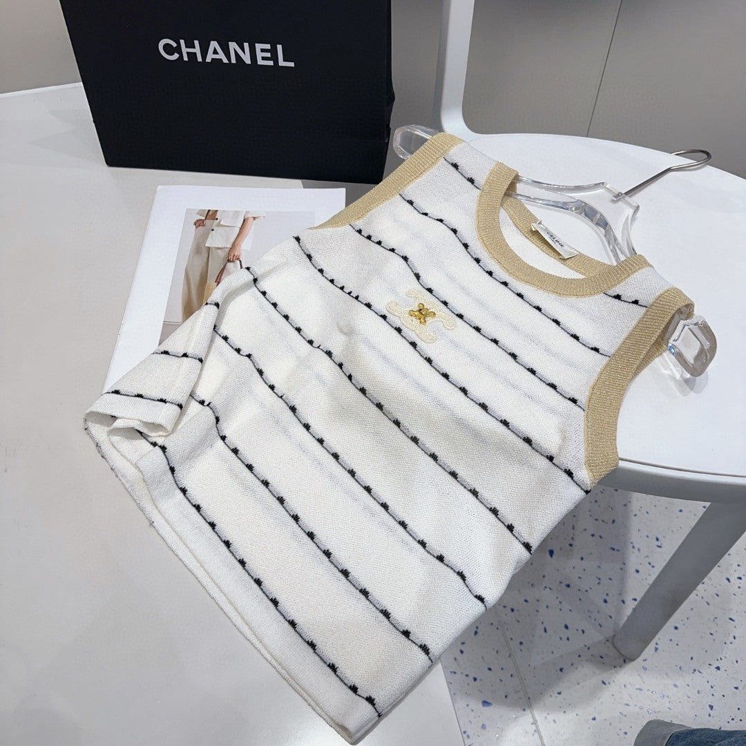CELINE STRIPED TANK TOP 615178 IN WHITE COTTON RIBBED BEIGE TRIM