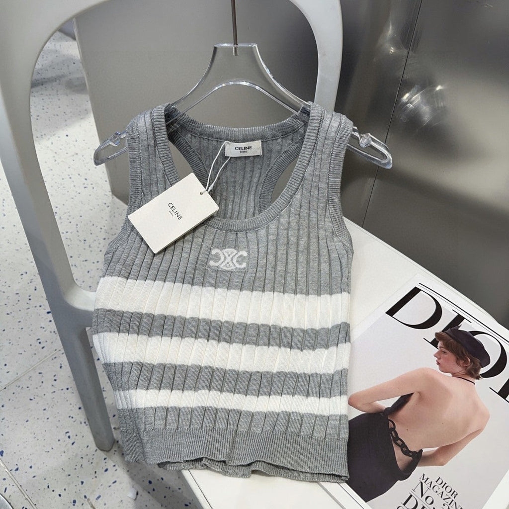 CELINE STRIPED TANK TOP 625958 IN GRAY AND WHITE COTTON RIBBED