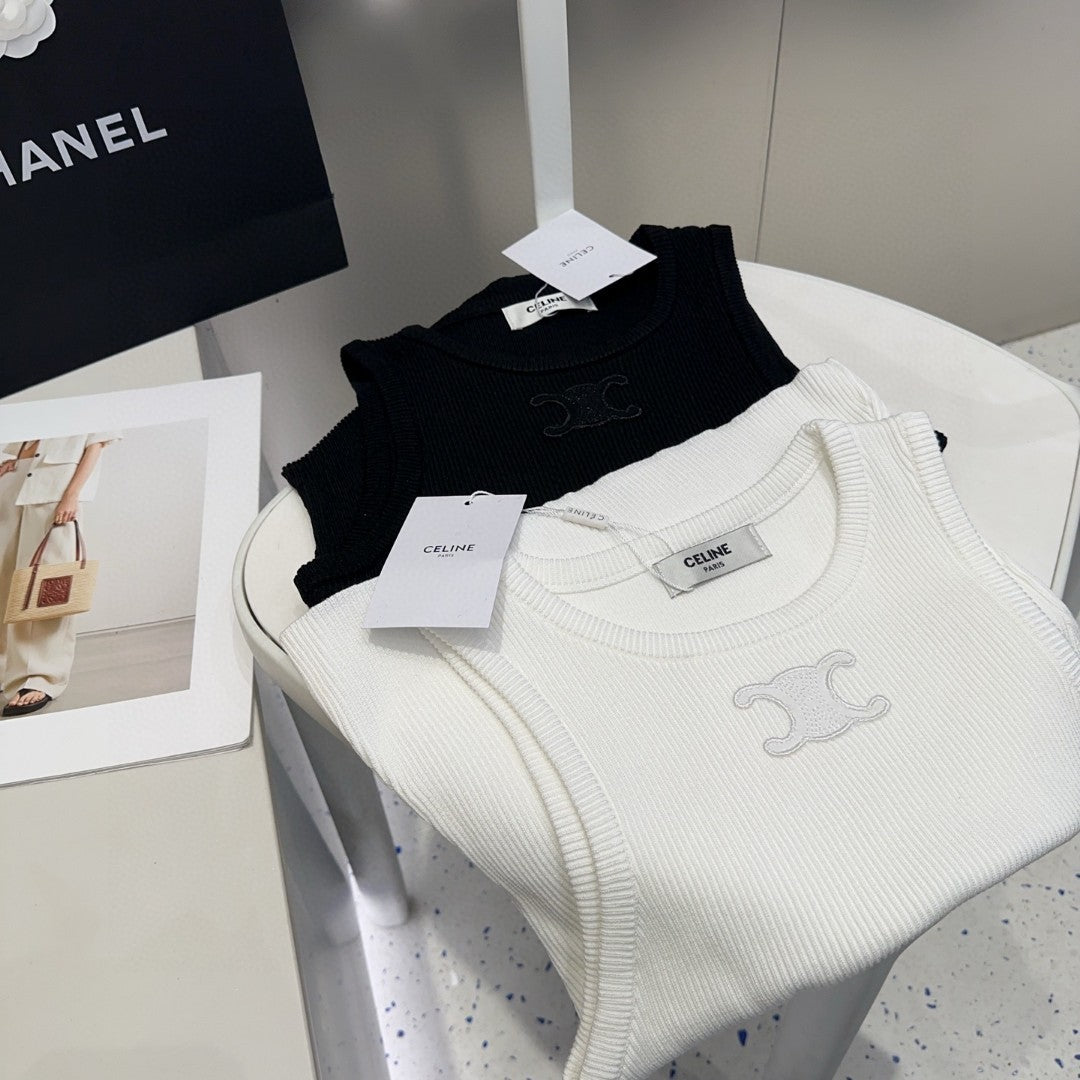 CELINE TANK TOP 633206 IN WHITE COTTON RIBBED KNIT EMBOSSED LOGO