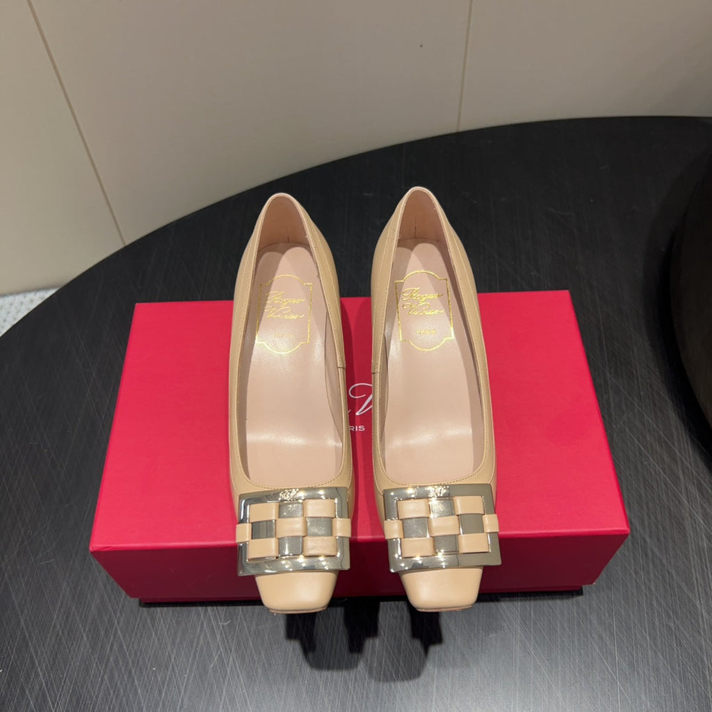ROGER VIVIER 25S TROMPETTE SQUARE TOE HIGH HEELS 45MM IN NUDE SHINY CALFSKIN