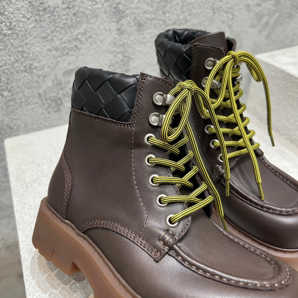 BOTTEGA VENETA HADDOCK LACE-UP ANKLE BOOT IN CHOCOLATE BROWN CALFSKIN