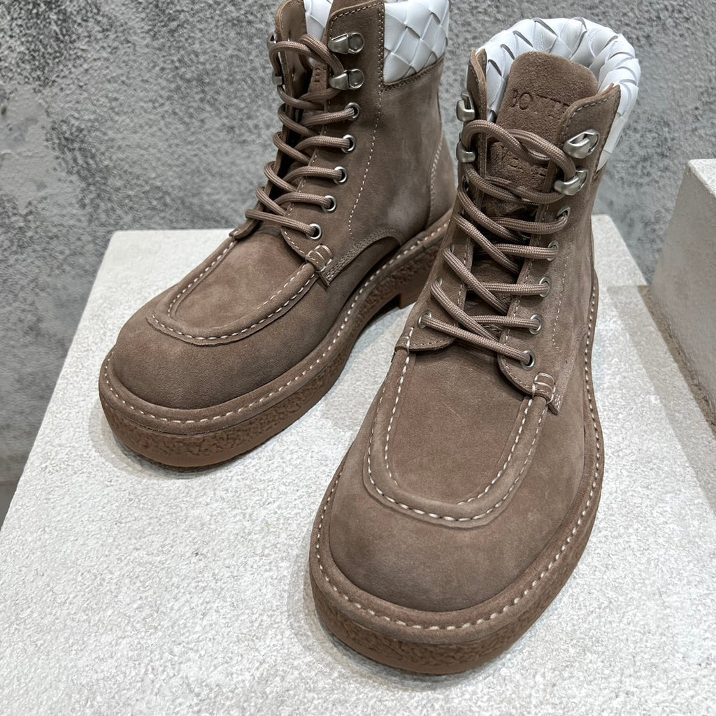 BOTTEGA VENETA HADDOCK LACE-UP ANKLE BOOT IN WALNUT BROWN SUEDE