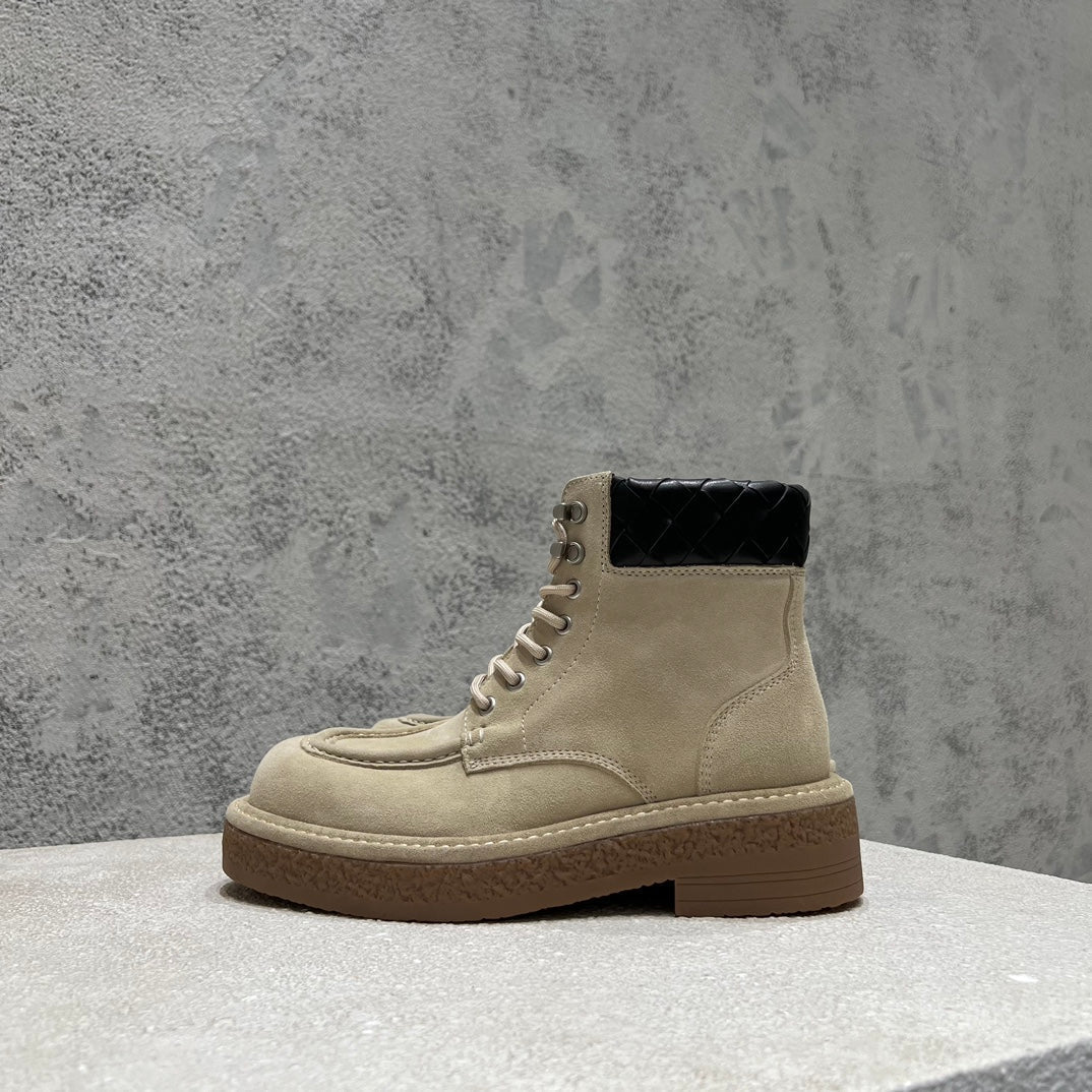 BOTTEGA VENETA HADDOCK LACE-UP ANKLE BOOT IN KHAKI BROWN SUEDE
