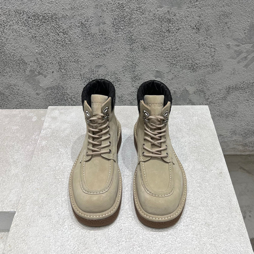 BOTTEGA VENETA HADDOCK LACE-UP ANKLE BOOT IN KHAKI BROWN SUEDE