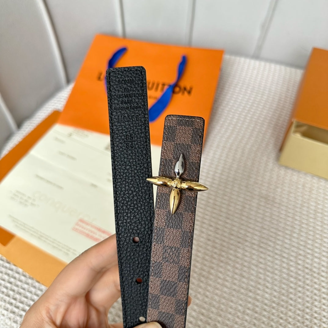 LOUIS VUITTON LV FLOWERGRAM 25 MM REVERSIBLE BELT IN BROWN DAMIER CALFSKIN GOLD MIX SILVER HARDWARE