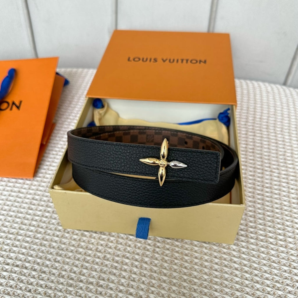 LOUIS VUITTON LV FLOWERGRAM 25 MM REVERSIBLE BELT IN BROWN DAMIER CALFSKIN GOLD MIX SILVER HARDWARE
