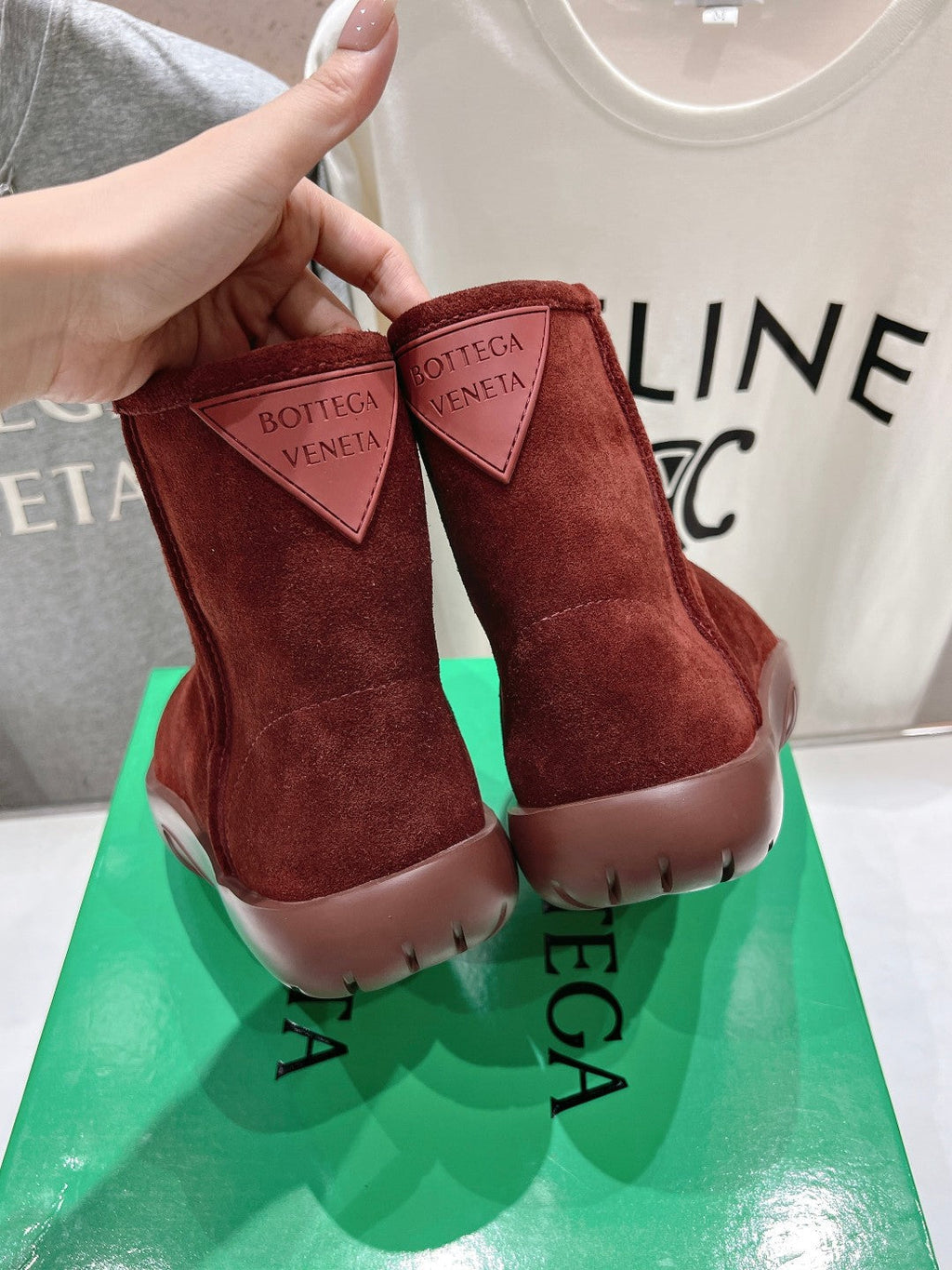 BOTTEGA VENETA SNAP MINI ANKLE BOOTS IN JAM RED SUEDE AND SHEARLING LINING