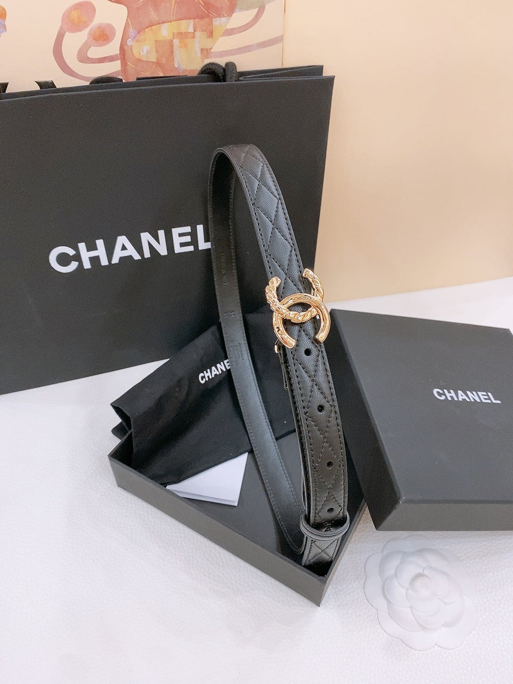 CHANEL DOUBLE C BELT 20MM IN BLACK CALFSKIN WITH QUILTED STITCHING AND SPIRAL GOLD BUCKLE