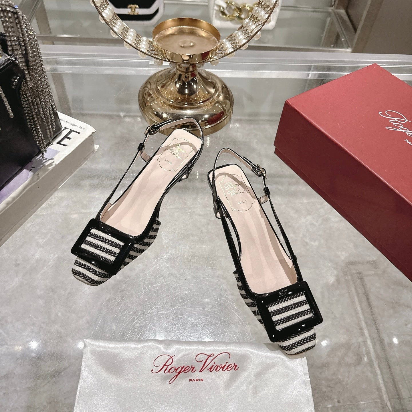 ROGER VIVIER 25S VIVIER SLINGBACK 45MM IN BLACK PLAID PATTERN CANVAS