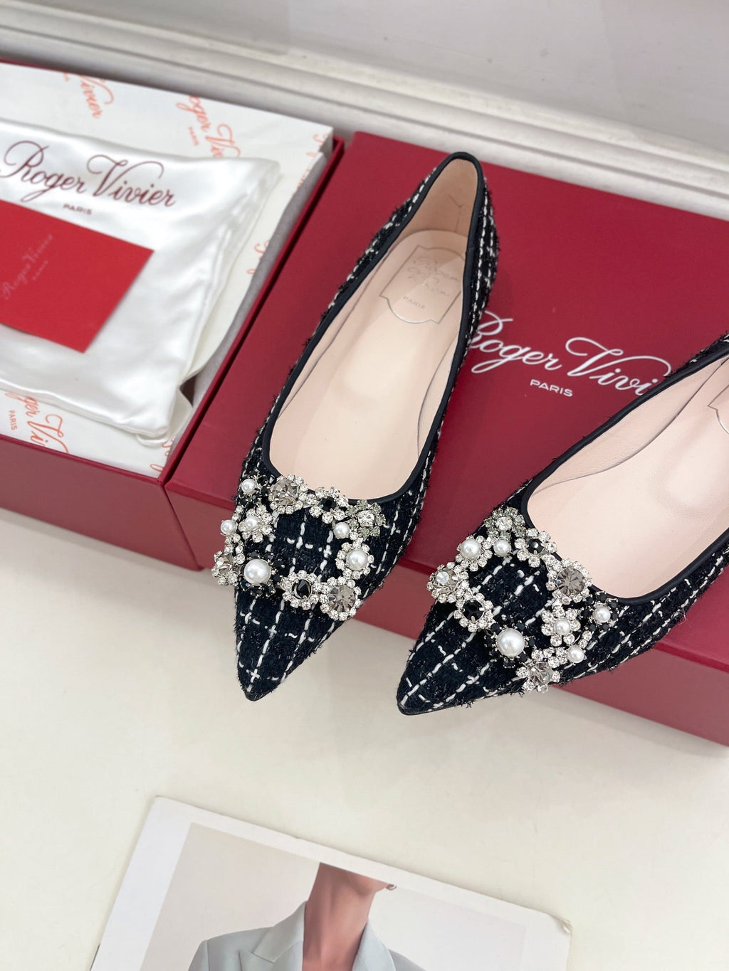 EFFLORESCENCE BALLERINAS IN BLACK TWEED WITH FINE WHITE STRIPES EMBELLISHED CRYSTALS